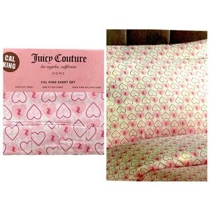 JUICY COUTURE VALENTINES DAY CAL KING SHEET SET 6 PIECE PINK WHITE DESIGNER LOGO